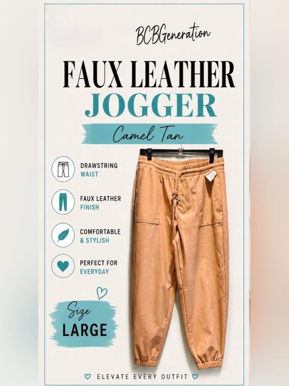 BCBG Generation Faux Leather Jogger Pants Tan Elastic Waist Women’s Size L